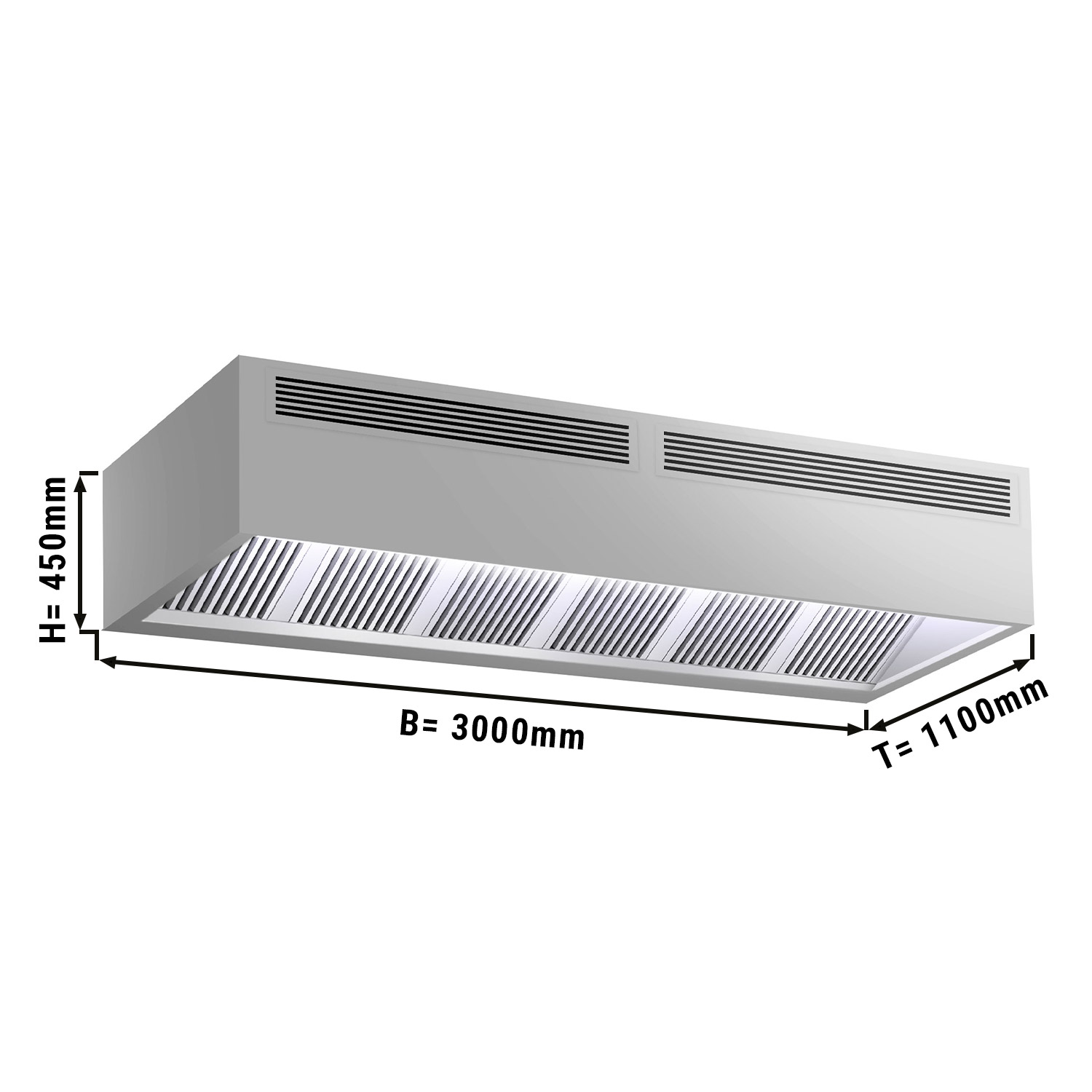 hotte centrale cubique induction avec éclairage intégré, 3000x2200 mm